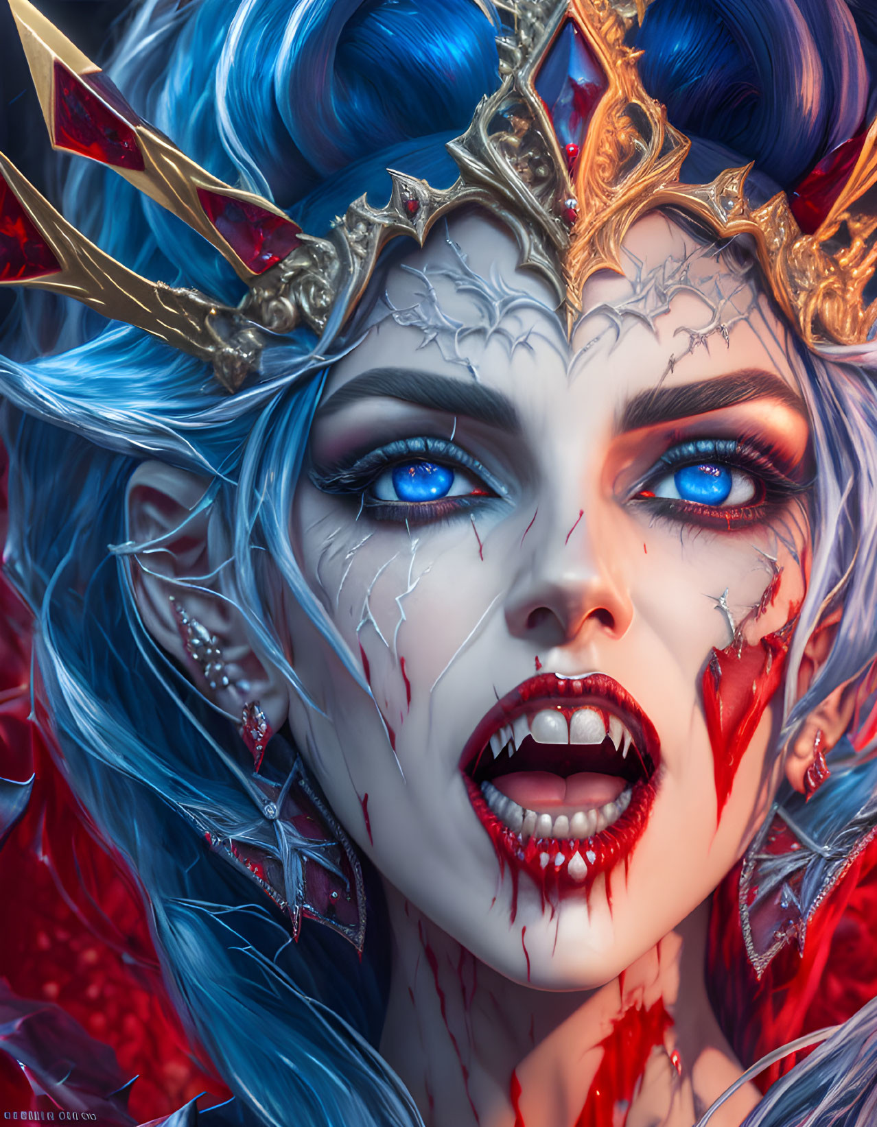 Fantastical portrait of female character with blue hair, blue eyes, fangs, golden crown,