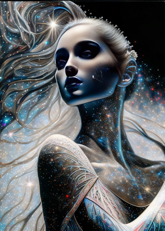 Digital Art: Woman with Pale Blue Skin, Cosmic Hair, and Metallic Silver Garment