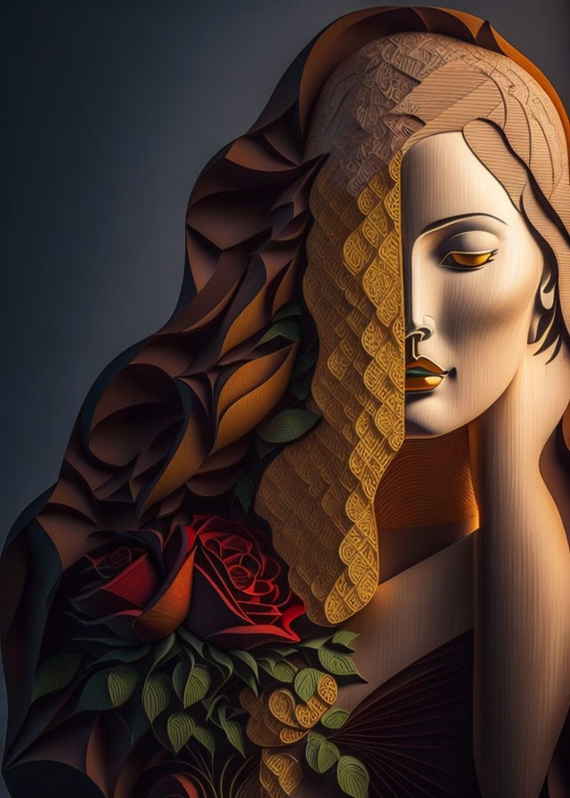 Stylized woman with flowing hair and patterned headscarf holding red roses