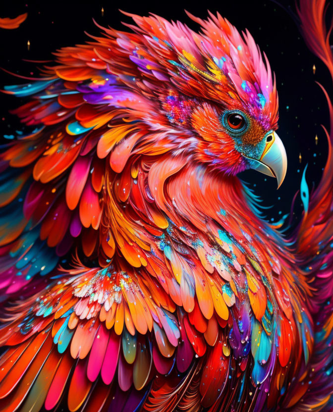 Colorful Digital Artwork: Phoenix-Like Bird with Red, Orange, and Blue Feathers