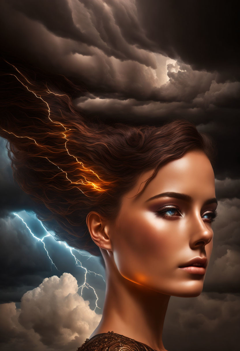 Portrait of a woman with flowing lightning-like hair against stormy sky.