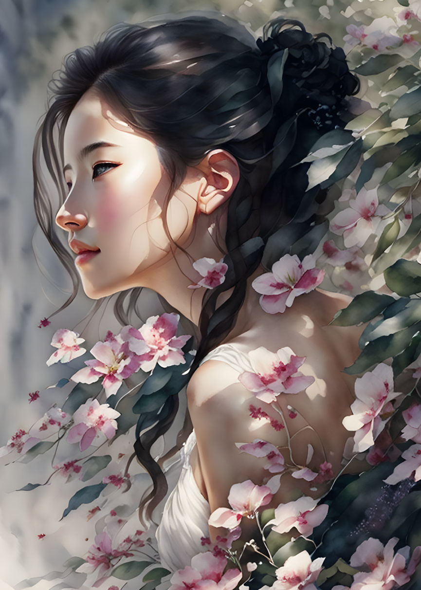 Woman with Flowers and Leaves in Hair, Nature-inspired Painting