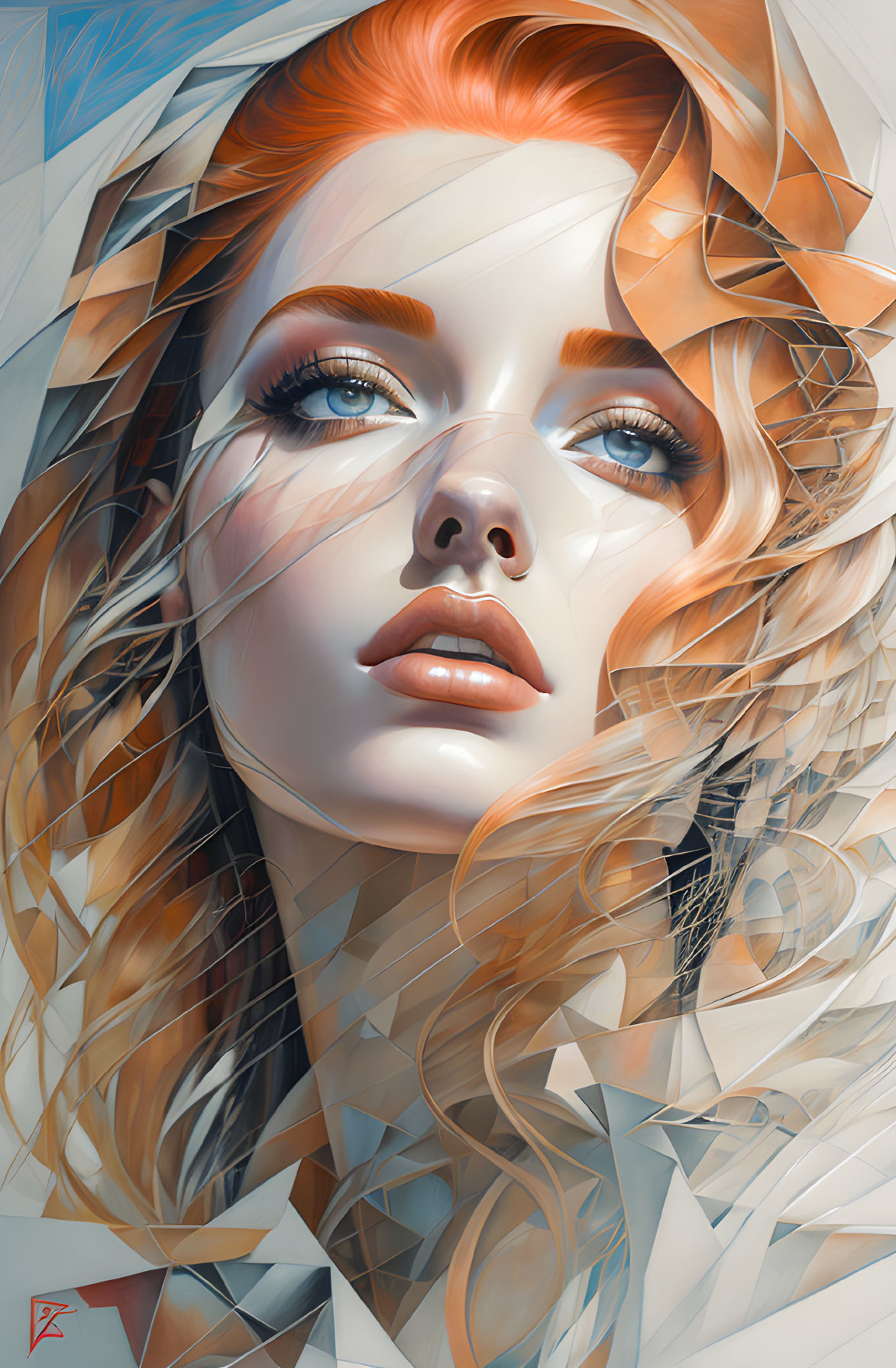 Stylized digital artwork of a woman with red hair and blue eyes