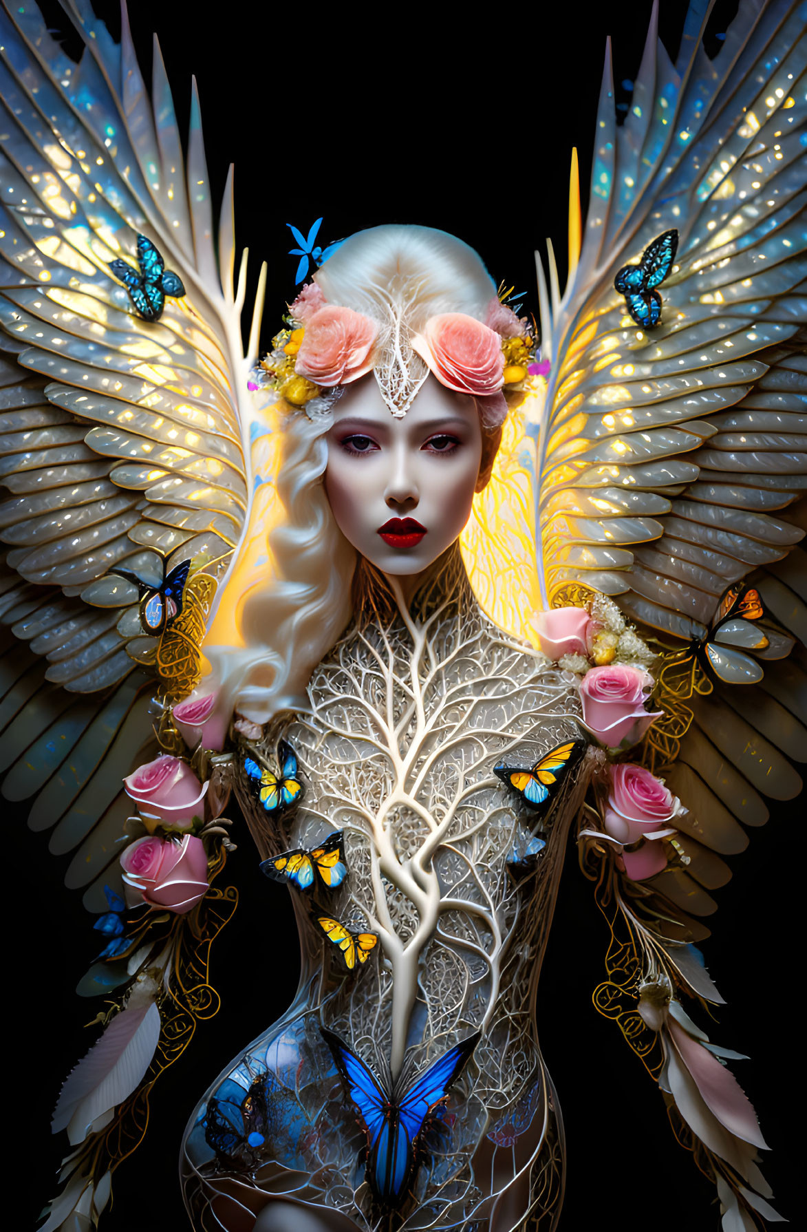 Person with angel wings, flowers, butterflies, and tree design.