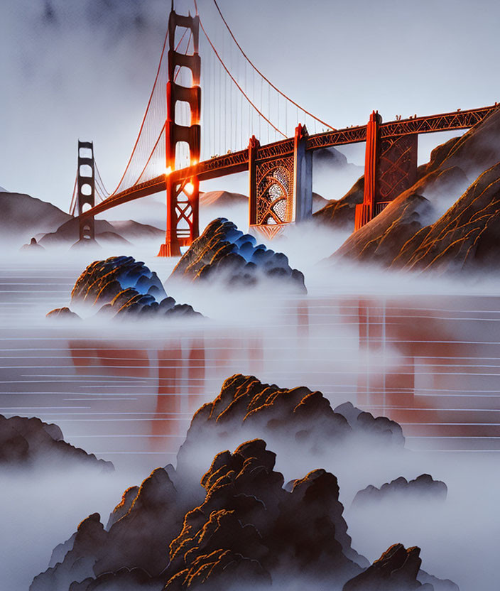 Iconic Golden Gate Bridge over misty waters with rocky outcrops.