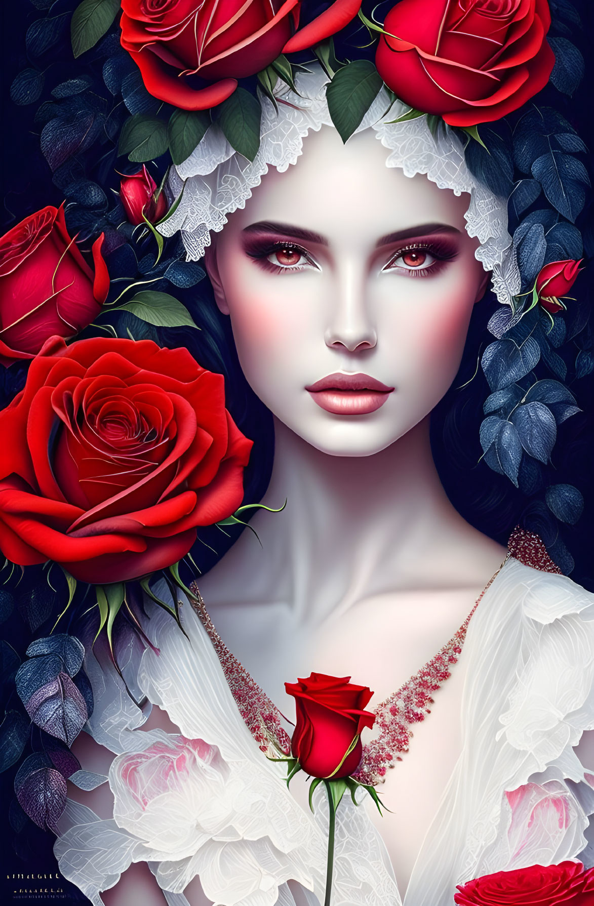 Illustrated portrait of woman with porcelain skin and red lips, adorned with red roses and lace crown,