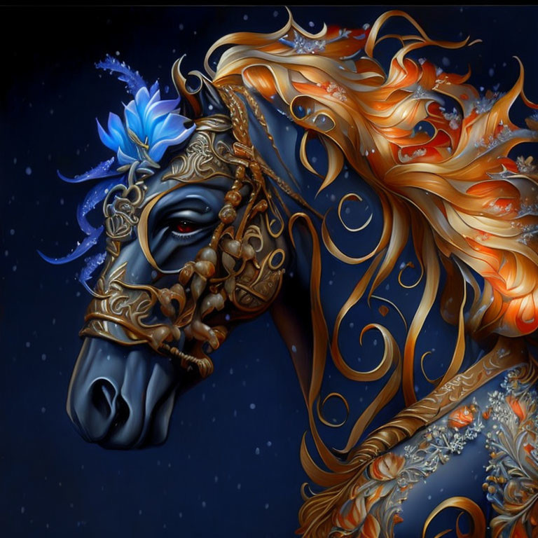 Stylized horse digital artwork with gold and blue decorations