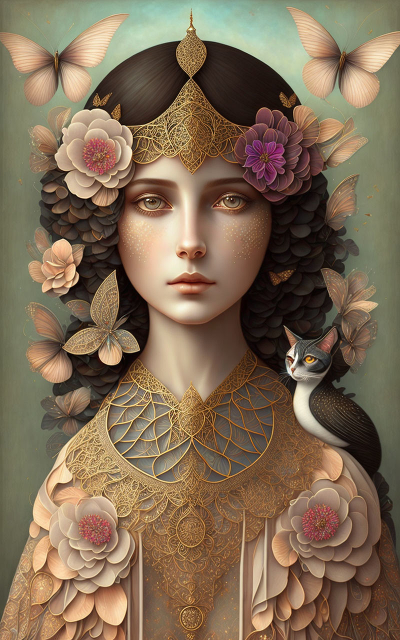 Portrait of woman adorned with gold jewelry, butterflies, flowers, and cat.