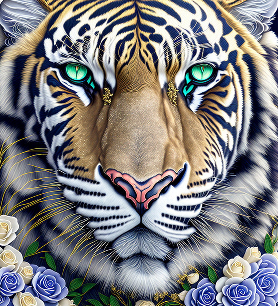 Detailed Tiger Face Artwork with Blue Eyes and White Roses on Striped Background