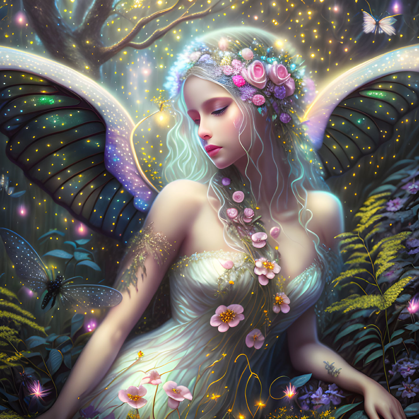 Ethereal being with glowing butterfly wings in vibrant enchanted forest