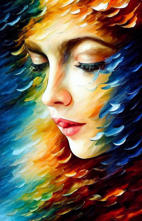 Vibrant brushstrokes frame woman's closed eyes