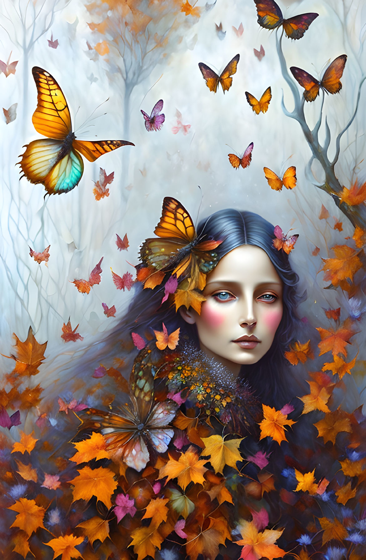 Fantasy illustration: Woman with autumn leaves & butterflies, embodying fall.