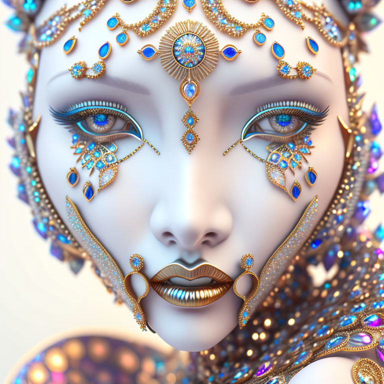 Detailed Close-Up of Ornate Female Face with Golden Jewelry and Blue Eyes