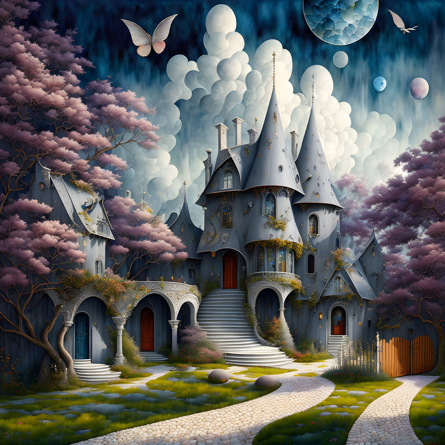 Enchanting fairy tale castle with pink trees, bubbles, butterfly, and crescent moon