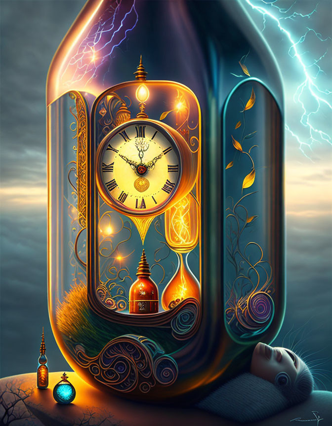 Glowing clock in bottle with sleeping woman and lightning.