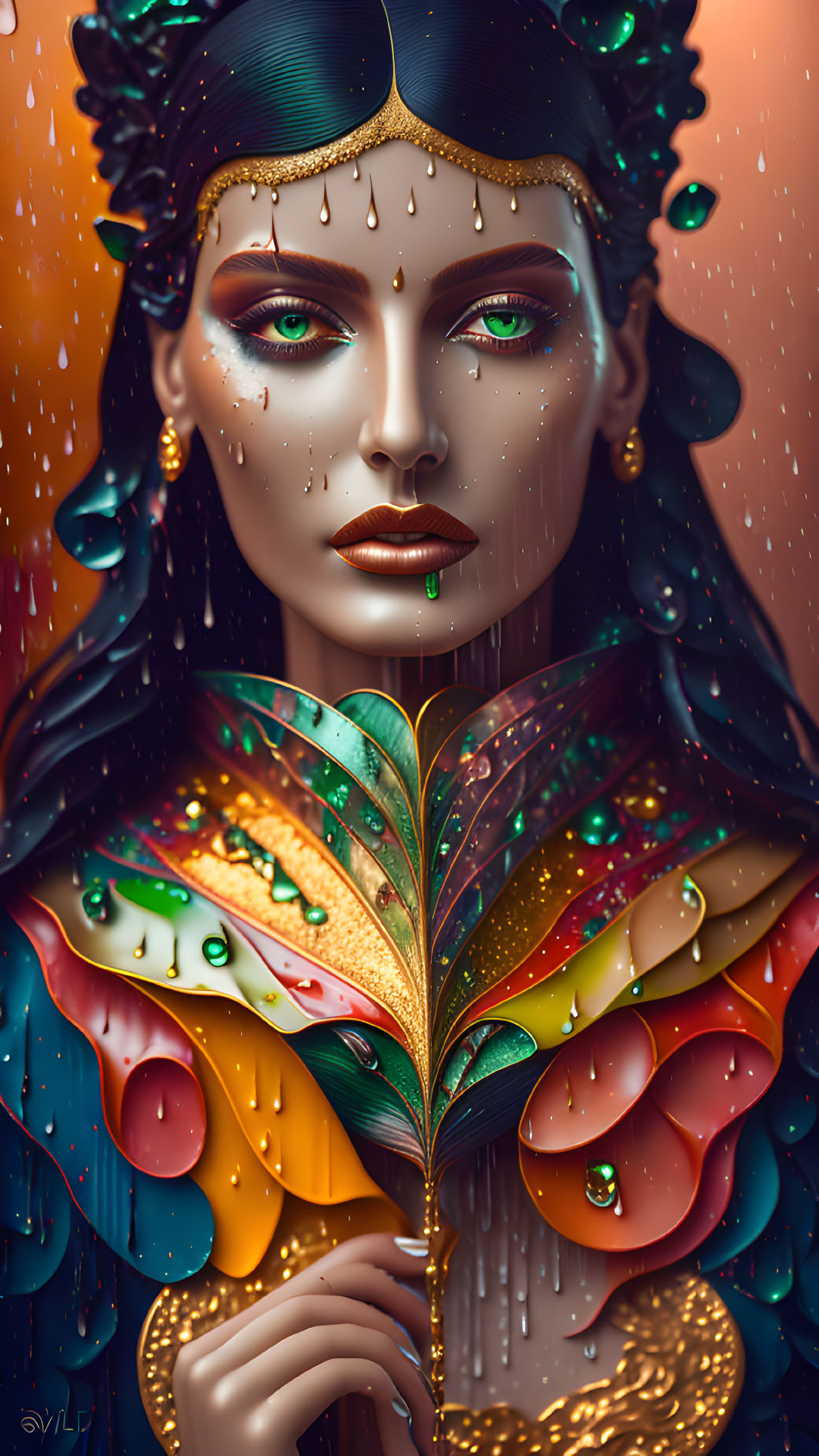 Colorful illustration of woman with bold makeup, jeweled headpiece, and feathered garment in rain