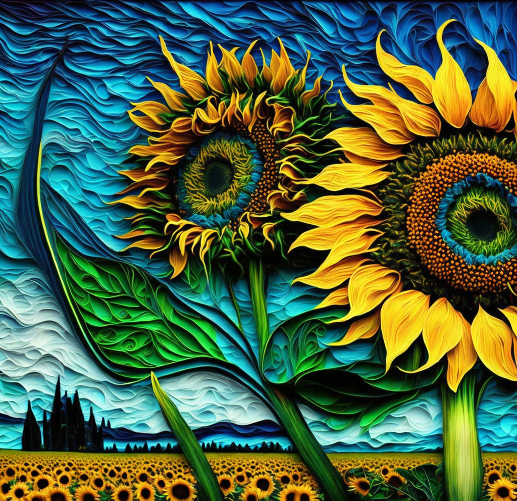 Colorful painting of sunflowers in a textured style