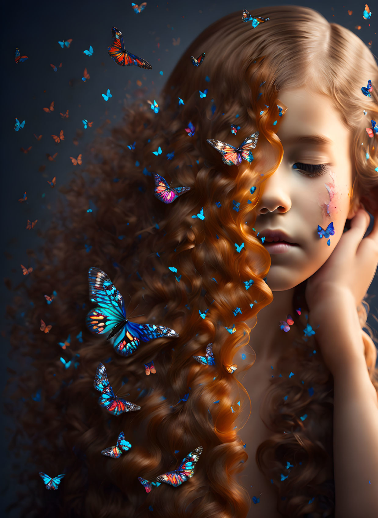 Young girl with curly hair and butterflies on dark background