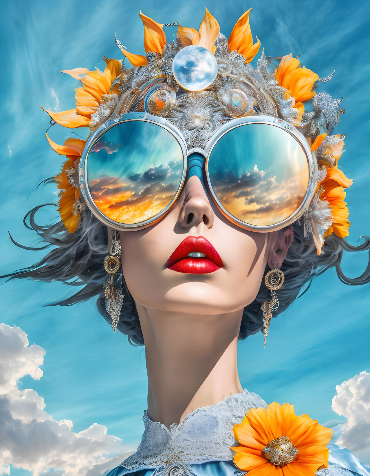 Portrait of Woman in Reflective Sunglasses and Sunflower Crown against Cloudy Sky