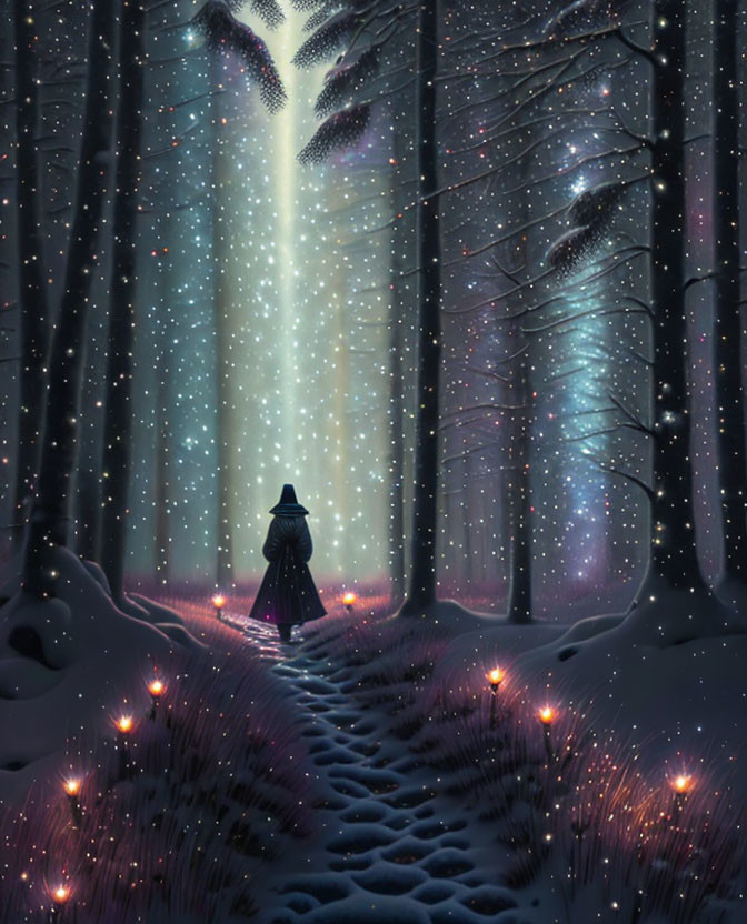 Mystical Snowy Forest with Cloaked Figure and Glowing Particles