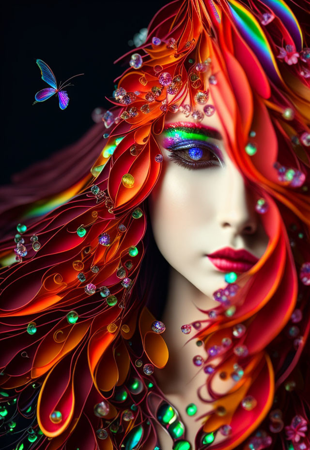 Vibrant red hair with jewels and butterfly in colorful art.