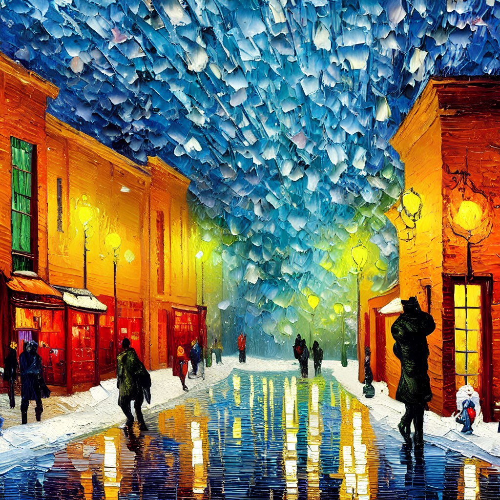 Colorful oil painting of a busy street with illuminated shops and pedestrians under a blue sky, reflecting on