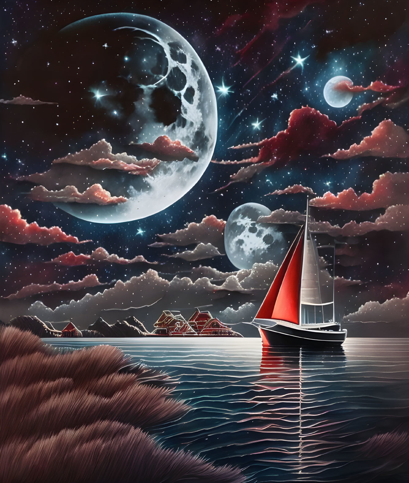 Red sail sailboat on calm waters at night with multiple moons and illuminated shore