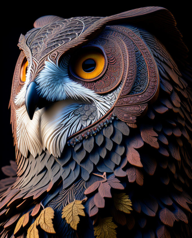 Detailed Close-Up of Ornamental Owl Sculpture with Brown Patterns and Yellow Eyes