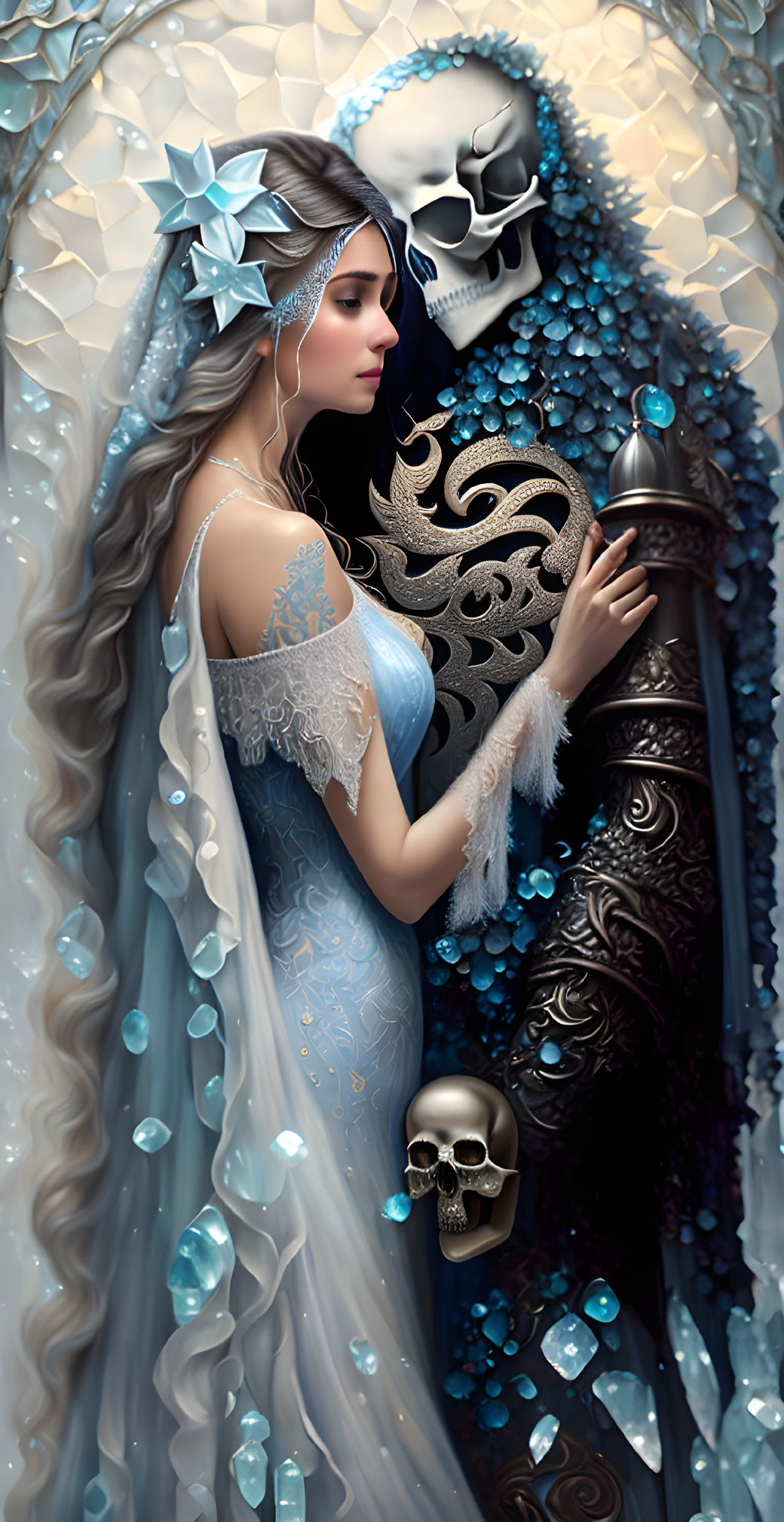 Woman in blue gown with skeletal figure in dark armor in mystical setting