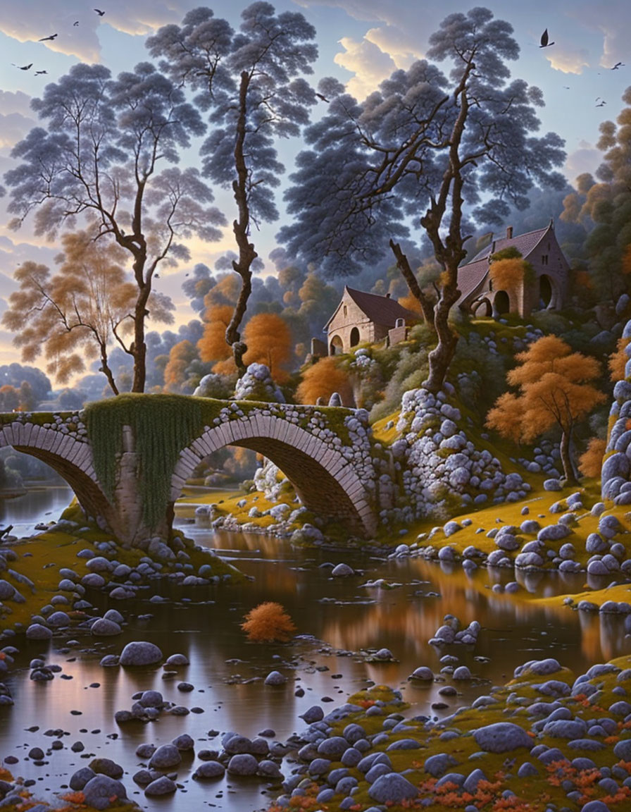 Tranquil autumn landscape with stone bridge, river, trees, and houses