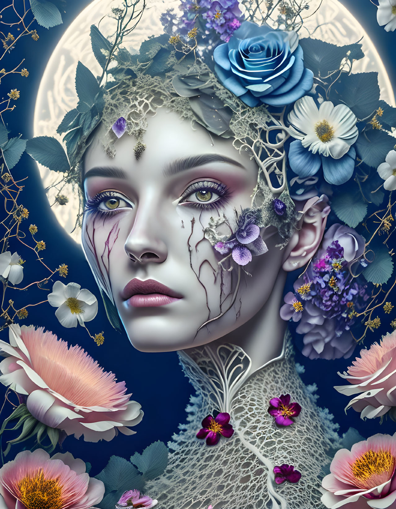 Surreal portrait of a woman with floral elements and moon backdrop