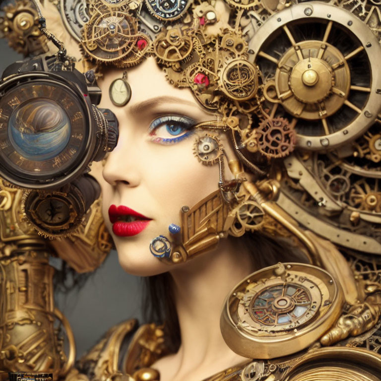 Woman with Steampunk Makeup and Cogwheels Telescope