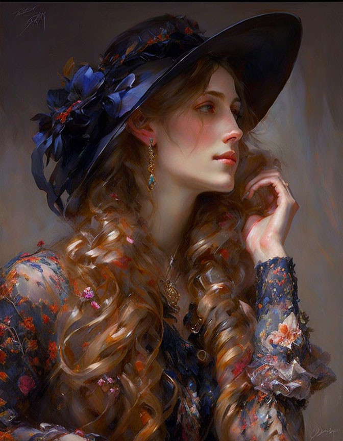 Woman in Floral Dress with Cascading Curls and Feathered Hat