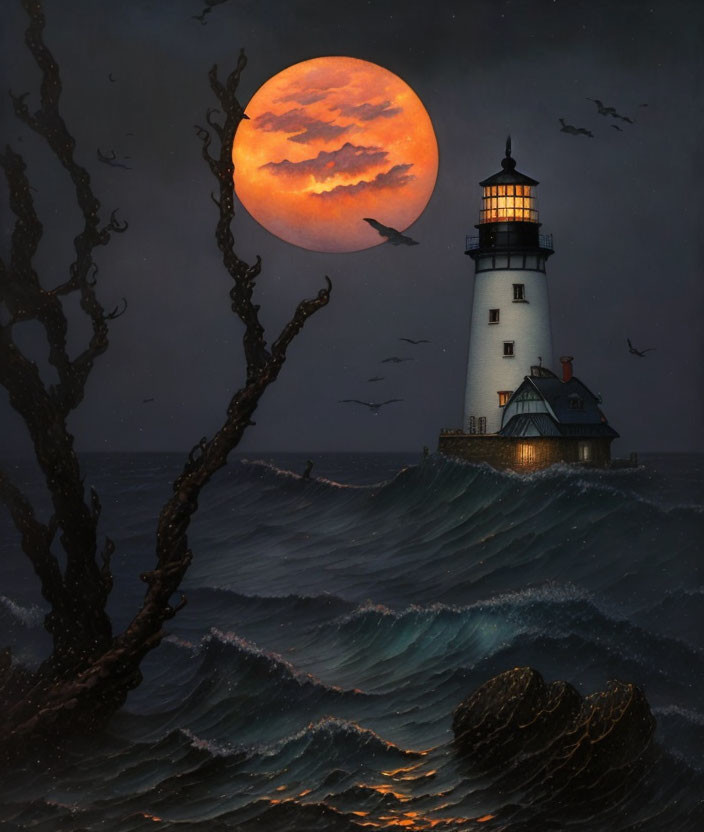 Lighthouse in stormy sea with full moon and flying birds