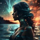 Woman's profile blending with starry nightscape in twilight forest.