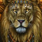 Regal lion with blue eyes in Egyptian-style adornments