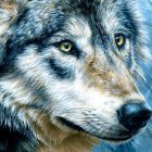 Detailed digital artwork: Wolf with orange eyes, metallic adornments, on blue patterned background