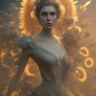 Fantastical woman with fiery hair in gold and blue dress in mystical forest