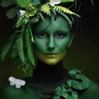 Digital Artwork: Woman's Face with Green Leaves, Colorful Roses, Blue Eyes, and Jew