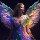 Fantastical illustration of woman with iridescent butterfly wings and starfish on cosmic backdrop.