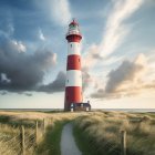 Striped red and white lighthouse on rocky shore at colorful sunset beach