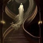 Ethereal ghostly figure on grand, dimly lit staircase
