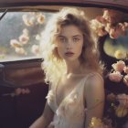 Blonde bride with roses in vintage car surrounded by pink florals