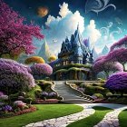 Enchanting fairy tale castle with pink trees, bubbles, butterfly, and crescent moon