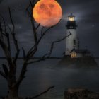 Lighthouse in stormy sea with full moon and flying birds