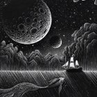 Red sail sailboat on calm waters at night with multiple moons and illuminated shore