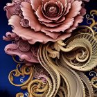 Detailed 3D floral artwork in purple and brown with golden stems on dark background