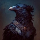 Detailed fantasy raven with blue plumage, red eyes, golden ornaments, mountain backdrop