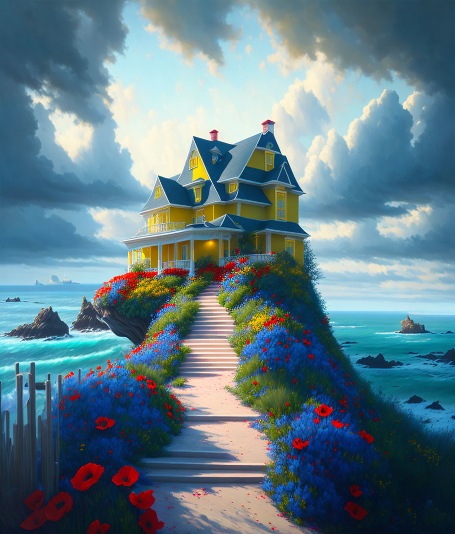 Yellow Victorian House on Coastal Cliff with Wildflowers & Dramatic Sky