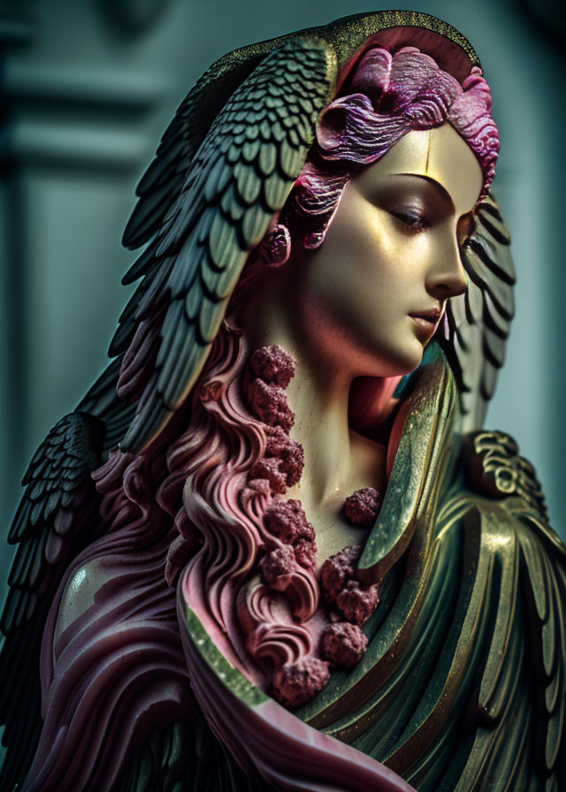 Detailed Winged Female Figure Sculpture with Pink Hair and Elegant Garment